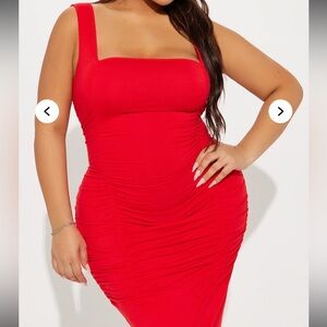 Fashion Nova Red Square-Neck Ruched Midi Dress